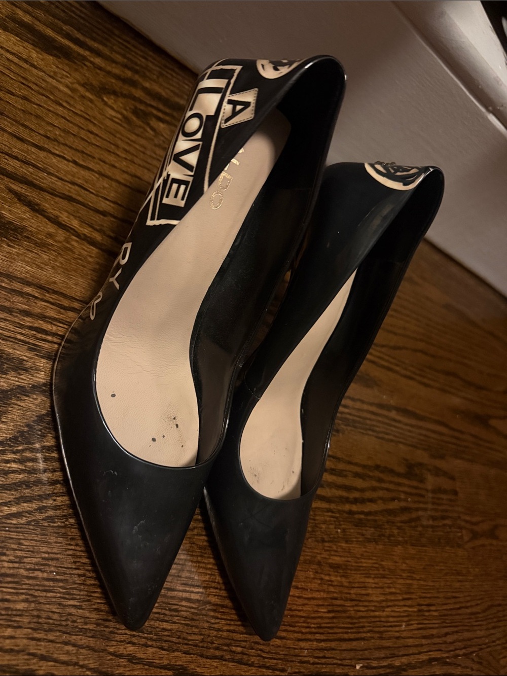 Aldo Black Pointed Toe Pumps with White Graphic Accents